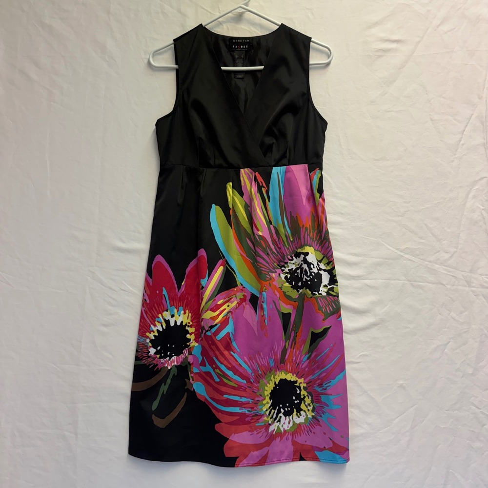 Axcess Liz Claiborne Black Floral Satin Sleeveless V-Neck Sheath Dress Small